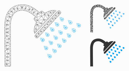 Mesh shower model with triangle mosaic icon. Wire carcass polygonal network of shower. Vector mosaic of triangle parts in various sizes, and color tints. Abstract 2d mesh shower,のイラスト素材