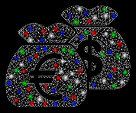 Bright mesh funds with glare effect. White wire frame triangular mesh in vector format on a black background. Abstract 2d mesh created from triangular lines, small circle, colorful flare spots.のイラスト素材