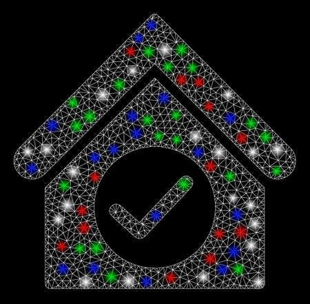 Bright mesh check building with glare effect. White wire frame triangular mesh in vector format on a black background. Abstract 2d mesh designed with triangles, small circle, colorful flash spots.のイラスト素材