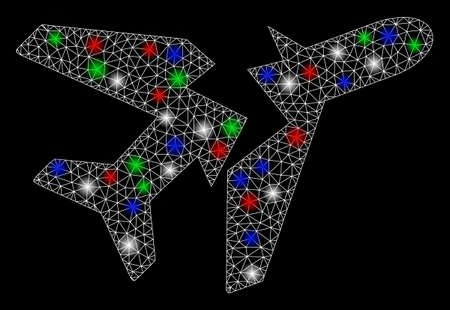 Bright mesh break airplane with glow effect. White wire carcass triangular mesh in vector format on a black background. Abstract 2d mesh designed with polygonal grid, round dots, colorful light spots.のイラスト素材