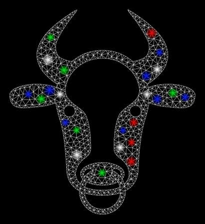 Bright mesh bull ring with glare effect. White wire frame polygonal mesh in vector format on a black background. Abstract 2d mesh designed with polygonal grid, spheric points, colorful flash spots.のイラスト素材