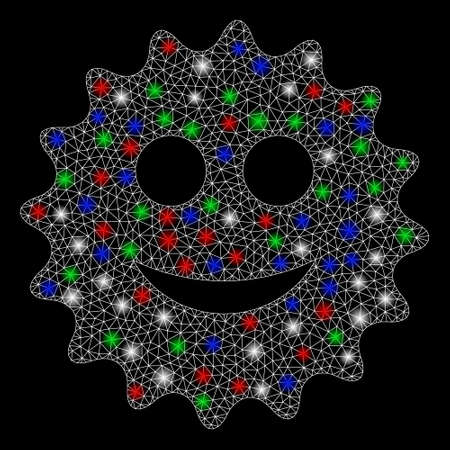 Bright mesh glad sticker with glare effect. White wire carcass polygonal mesh in vector format on a black background. Abstract 2d mesh built from triangles, points, colorful glare spots.のイラスト素材