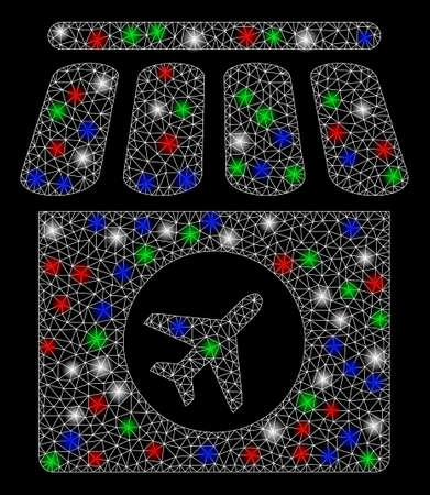 Bright mesh duty free with lightspot effect. White wire carcass polygonal mesh in vector format on a black background. Abstract 2d mesh designed with triangular lines, points, colorful flash spots.のイラスト素材