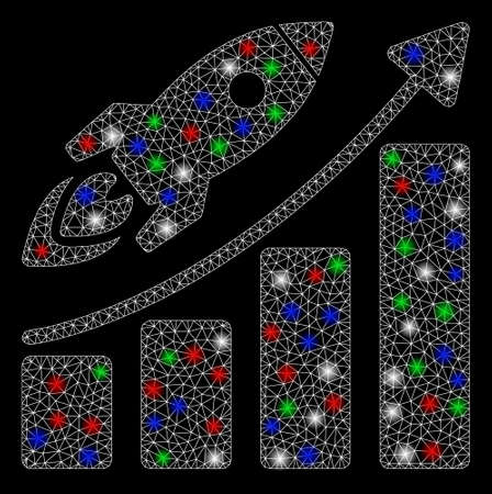 Bright mesh business growth with glow effect. White wire frame triangular mesh in vector format on a black background. Abstract 2d mesh built from triangular lines, small circle, colored flash spots.のイラスト素材