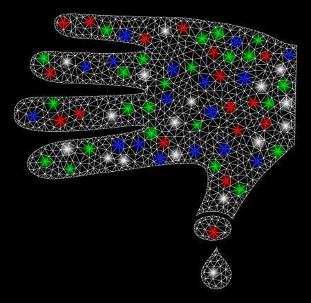 Bright mesh hand wound with lightspot effect. White wire carcass polygonal mesh in vector format on a black background. Abstract 2d mesh designed with polygonal grid, points, colorful glare spots.のイラスト素材