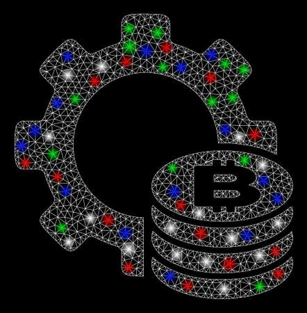 Bright mesh Bitcoin industry gear with glare effect. White wire carcass polygonal mesh in vector format on a black background. Abstract 2d mesh designed with triangles, small circle,のイラスト素材