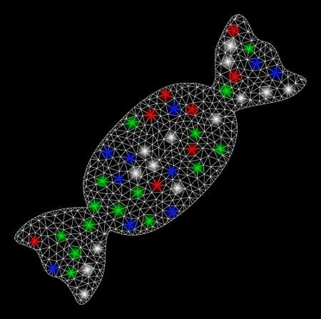 Bright mesh candy with glow effect. White wire carcass polygonal mesh in vector format on a black background. Abstract 2d mesh built from polygonal grid, dots, colorful flare spots.のイラスト素材