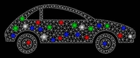 Bright mesh coupe car with glare effect. White wire frame triangular mesh in vector format on a black background. Abstract 2d mesh created from triangular lines, spheric points, colored glare spots.のイラスト素材