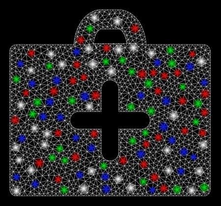 Bright mesh first aid with lightspot effect. White wire frame triangular mesh in vector format on a black background. Abstract 2d mesh designed with triangular lines, round dots, colorful glare spots.のイラスト素材