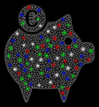 Bright mesh Euro piggy bank with glow effect. White wire carcass polygonal mesh in vector format on a black background. Abstract 2d mesh designed with triangular lines, round dots,のイラスト素材
