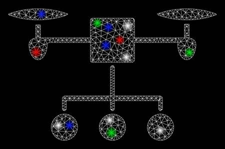 Bright mesh drone distribution with glare effect. White wire frame polygonal mesh in vector format on a black background. Abstract 2d mesh designed with polygonal grid, points, colorful glare spots.のイラスト素材
