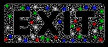 Bright mesh exit label with glow effect. White wire frame triangular mesh in vector format on a...