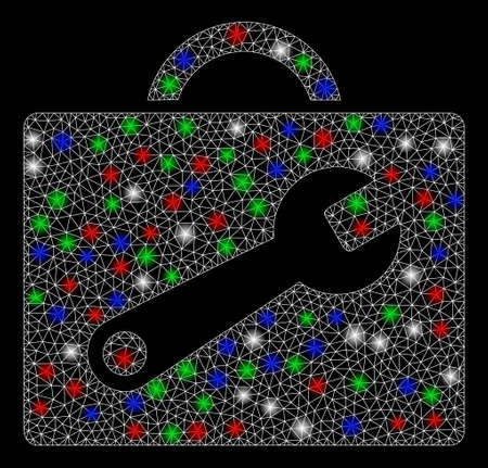 Bright mesh tool case with lightspot effect. White wire frame triangular mesh in vector format on a black background. Abstract 2d mesh designed with triangles, spheric points, colorful flare spots.のイラスト素材