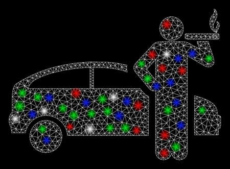 Bright mesh smoking taxi driver with glow effect. White wire carcass triangular mesh in vector format on a black background. Abstract 2d mesh designed with triangular lines, dots, colored light spots.のイラスト素材