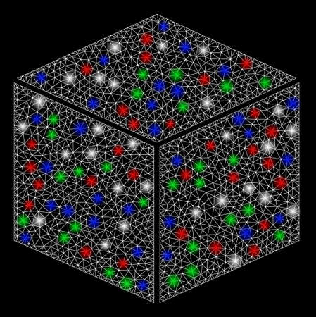Bright mesh isometric cube with glow effect. White wire frame triangular mesh in vector format on a black background. Abstract 2d mesh designed with triangular lines, small circle,のイラスト素材