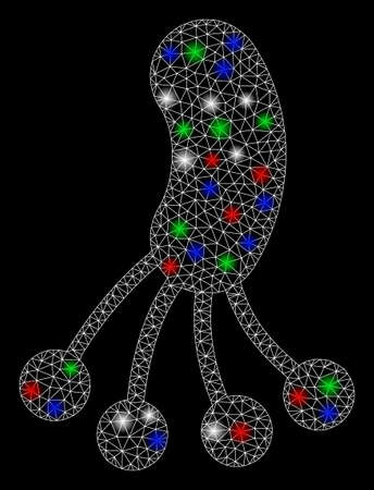 Bright mesh infection microbe with lightspot effect. White wire carcass polygonal mesh in vector format on a black background. Abstract 2d mesh designed with polygonal grid, spheric points,のイラスト素材