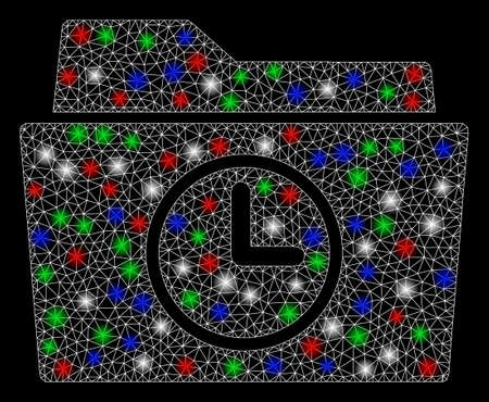 Bright mesh temporary folder with glare effect. White wire carcass triangular mesh in vector format on a black background. Abstract 2d mesh designed with polygonal grid, small circle,のイラスト素材
