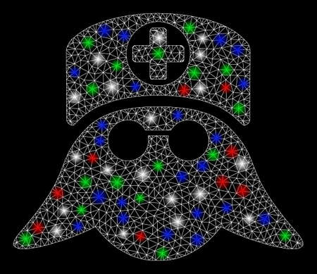 Bright mesh nurse head with glare effect. White wire frame polygonal mesh in vector format on a black background. Abstract 2d mesh built from polygonal grid, dots, colorful glare spots.のイラスト素材