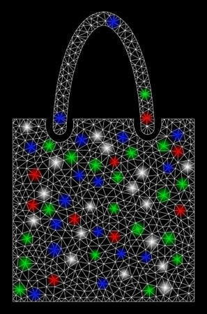 Bright mesh shopping bag with glare effect. White wire frame triangular network in vector format on a black background. Abstract 2d mesh designed with triangular lines, spheric points,のイラスト素材