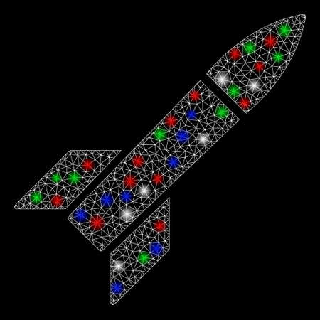 Bright mesh missile with glare effect. White wire frame polygonal mesh in vector format on a black background. Abstract 2d mesh built from polygonal grid, small circle, colored glare spots.のイラスト素材