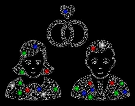 Bright mesh people marriage with glare effect. White wire carcass polygonal network in vector format on a black background. Abstract 2d mesh designed with triangles, spheric points,のイラスト素材