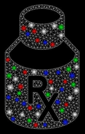 Bright mesh mixture bottle with glare effect. White wire frame triangular mesh in vector format on a black background. Abstract 2d mesh designed with polygonal grid, spheric points,のイラスト素材