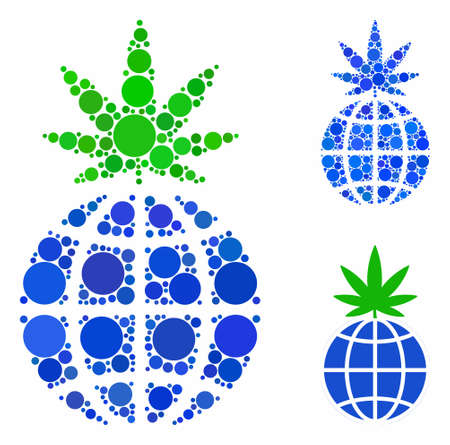 Global cannabis sprout mosaic for global cannabis sprout icon of round dots in variable sizes and color tones. Vector round dots are united into blue illustration.のイラスト素材