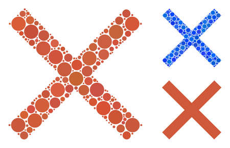 Cancel composition for cancel icon of small circles in different sizes and color tints. Vector small circles are combined into blue mosaic. Dotted cancel icon in usual and blue versions.のイラスト素材