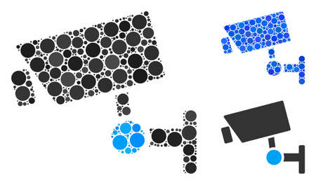 CCTV camera mosaic for CCTV camera icon of filled circles in variable sizes and color tones. Vector...