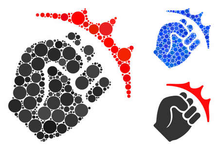 Fist strike mosaic for fist strike icon of small circles in different sizes and shades. Vector small circles are grouped into blue composition. Dotted fist strike icon in usual and blue versions.のイラスト素材