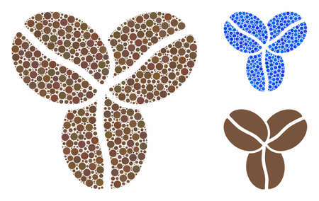Coffee beans mosaic for coffee beans icon of small circles in variable sizes and color tinges. Vector round dots are combined into blue mosaic. Dotted coffee beans icon in usual and blue versions.のイラスト素材