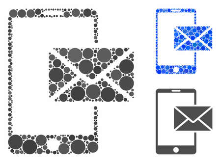 Mobile mail composition for mobile mail icon of round dots in variable sizes and color tints. Vector filled circles are united into blue composition.のイラスト素材