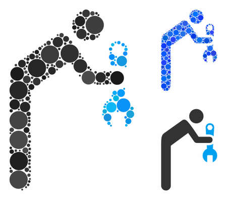 Serviceman mosaic for serviceman icon of circle elements in different sizes and shades. Vector circle elements are organized into blue illustration. Dotted serviceman icon in usual and blue versions.のイラスト素材