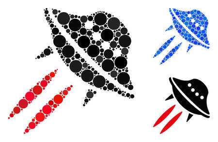 UFO start composition for UFO start icon of round dots in various sizes and color tints. Vector round dots are organized into blue composition. Dotted UFO start icon in usual and blue versions.のイラスト素材