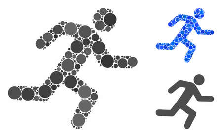 Running man composition for running man icon of filled circles in various sizes and color tinges. Vector filled circles are organized into blue composition.のイラスト素材