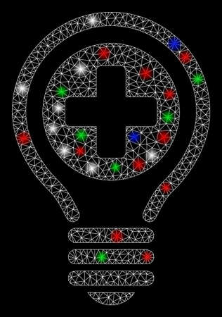 Bright mesh medical bulb with glow effect. White wire frame triangular mesh in vector format on a black background. Abstract 2d mesh designed with triangular lines, round dots, colorful light spots.のイラスト素材