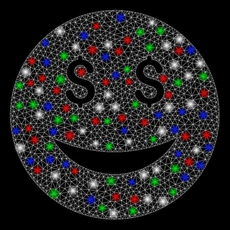 Bright mesh luck dollar smiley with lightspot effect. White wire carcass triangular mesh in vector format on a black background. Abstract 2d mesh designed with triangular lines, spheric points,のイラスト素材