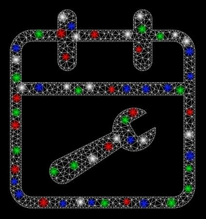 Bright mesh service day with glow effect. White wire frame polygonal network in vector format on a black background. Abstract 2d mesh designed with polygonal grid, small circle, colored flare spots.のイラスト素材