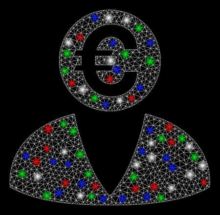 Bright mesh Euro banker with glare effect. White wire frame triangular mesh in vector format on a black background. Abstract 2d mesh built from triangles, small circle, colored light spots.のイラスト素材