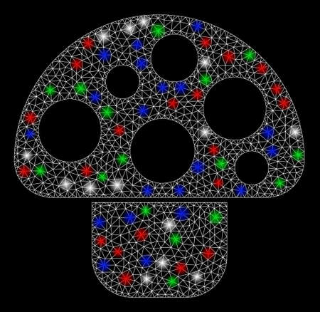 Bright mesh mushroom with glare effect. White wire carcass triangular network in vector format on a black background. Abstract 2d mesh designed with triangular lines, dots, colored glare spots.のイラスト素材