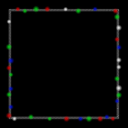 Bright mesh square frame with glare effect. White wire frame polygonal mesh in vector format on a black background. Abstract 2d mesh built from polygonal grid, dots, colored flare spots.のイラスト素材