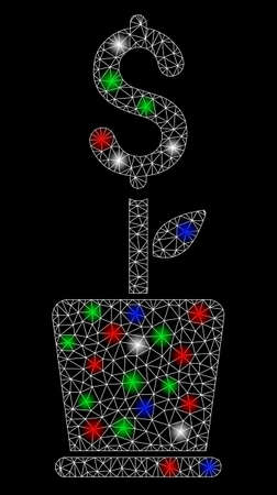 Bright mesh business project plant with glow effect. White wire carcass triangular mesh in vector format on a black background. Abstract 2d mesh built from triangular lines, small circle,のイラスト素材