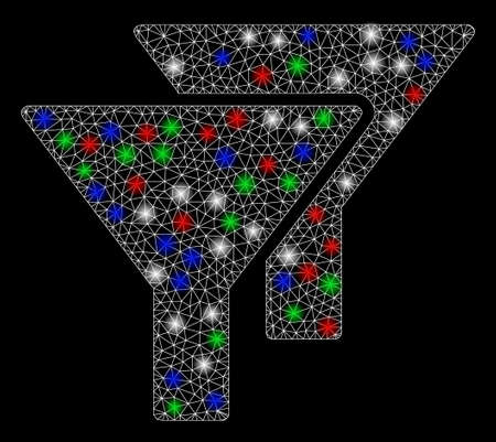 Bright mesh filters with glow effect. White wire frame triangular network in vector format on a black background. Abstract 2d mesh designed with triangular lines, spheric points, colorful flash spots.のイラスト素材