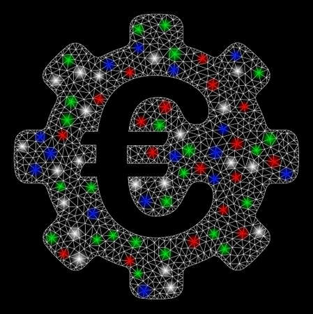 Bright mesh Euro options with lightspot effect. White wire carcass triangular mesh in vector format on a black background. Abstract 2d mesh built from triangular lines, spheric points,のイラスト素材