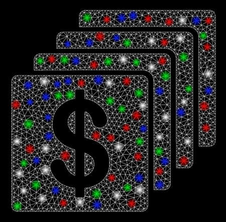 Bright mesh finances with lightspot effect. White wire frame triangular mesh in vector format on a black background. Abstract 2d mesh designed with triangular lines, small circle,のイラスト素材