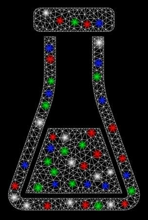 Bright mesh flask with glow effect. White wire carcass polygonal network in vector format on a black background. Abstract 2d mesh designed with polygonal grid, small circle, colored flare spots.のイラスト素材