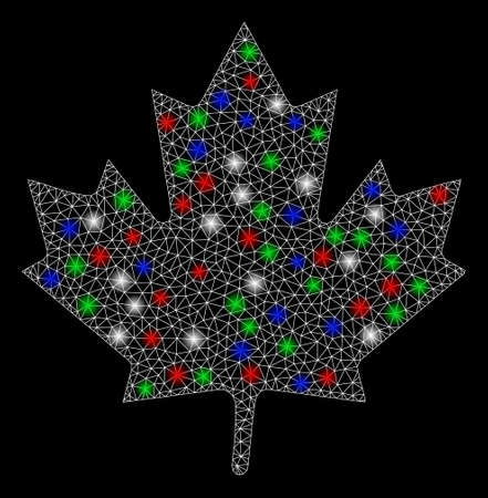 Bright mesh maple leaf with lightspot effect. White wire frame polygonal mesh in vector format on a black background. Abstract 2d mesh designed with polygonal grid, round dots, colorful light spots.のイラスト素材