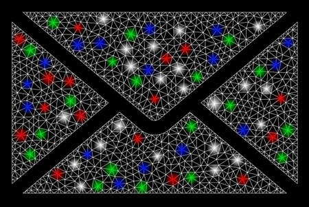 Bright mesh mail with lightspot effect. White wire frame polygonal mesh in vector format on a black background. Abstract 2d mesh built from polygonal grid, spheric points, colored flare spots.のイラスト素材