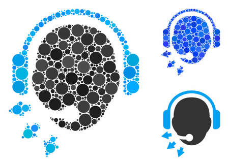 Operator message mosaic of filled circles in variable sizes and color hues, based on operator message icon. Vector filled circles are organized into blue collage.のイラスト素材