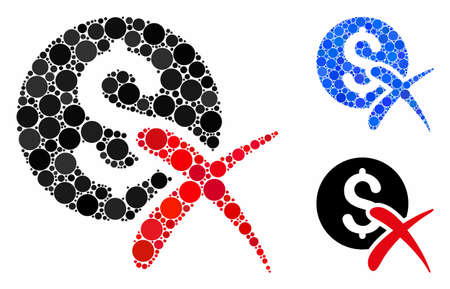 Reject payment mosaic of filled circles in variable sizes and color tones, based on reject payment icon. Vector filled circles are combined into blue mosaic.のイラスト素材